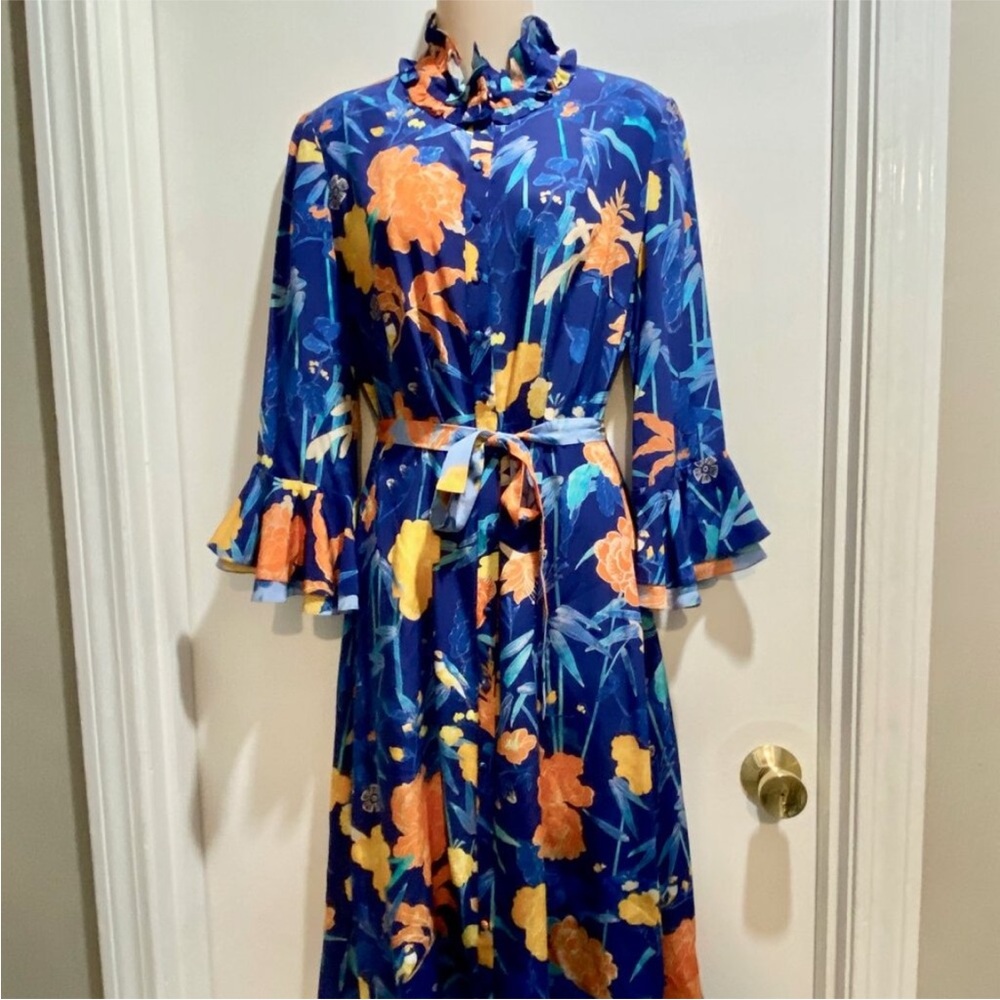 Floral Blue Dress with Ruffle Sleeves